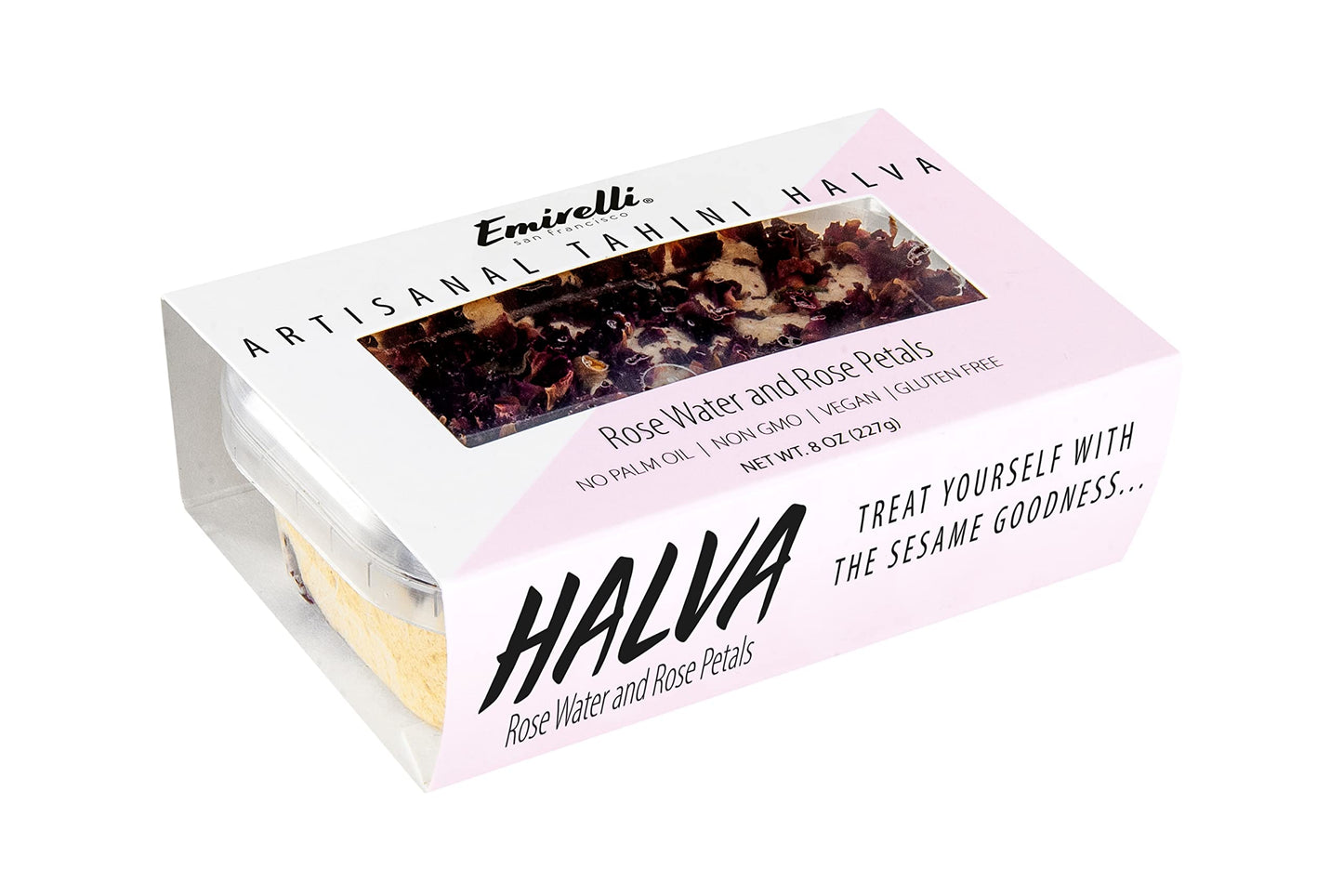 Emirelli Artisanal Halva Dessert β Authentic Middle Eastern Candy Turkish Sweets β Vegan Candy 55%-Tahini Halwa - Halvah Traditional International Sweets - Rose Water and Rose Petal Flavor, Pack of 1