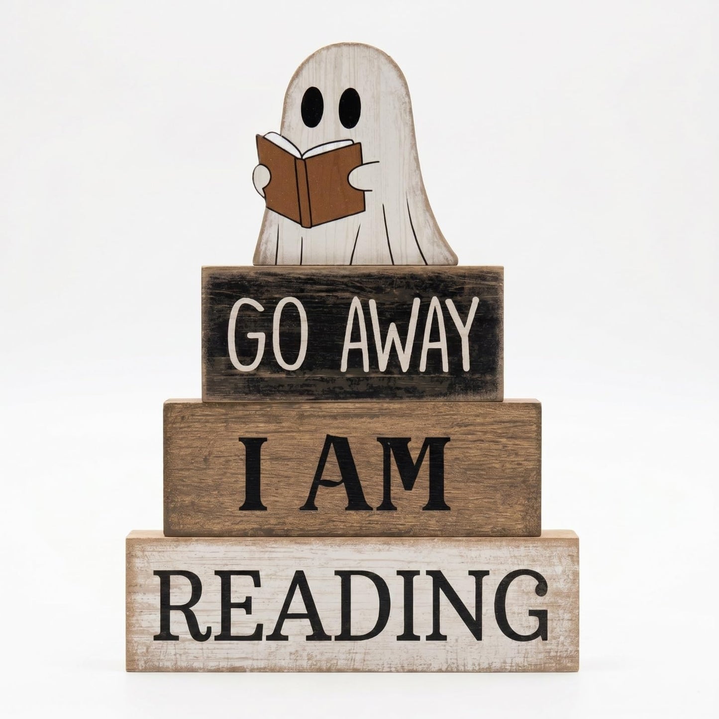 Moucuny 4 Pcs Halloween Table Decoration Wooden Ghost Reading Stacked Block Decor, "Go Away I Am Reading" Sign, Rustic Ghost Centerpiece Book Lover Halloween Tiered Tray Decor for Home Office Library