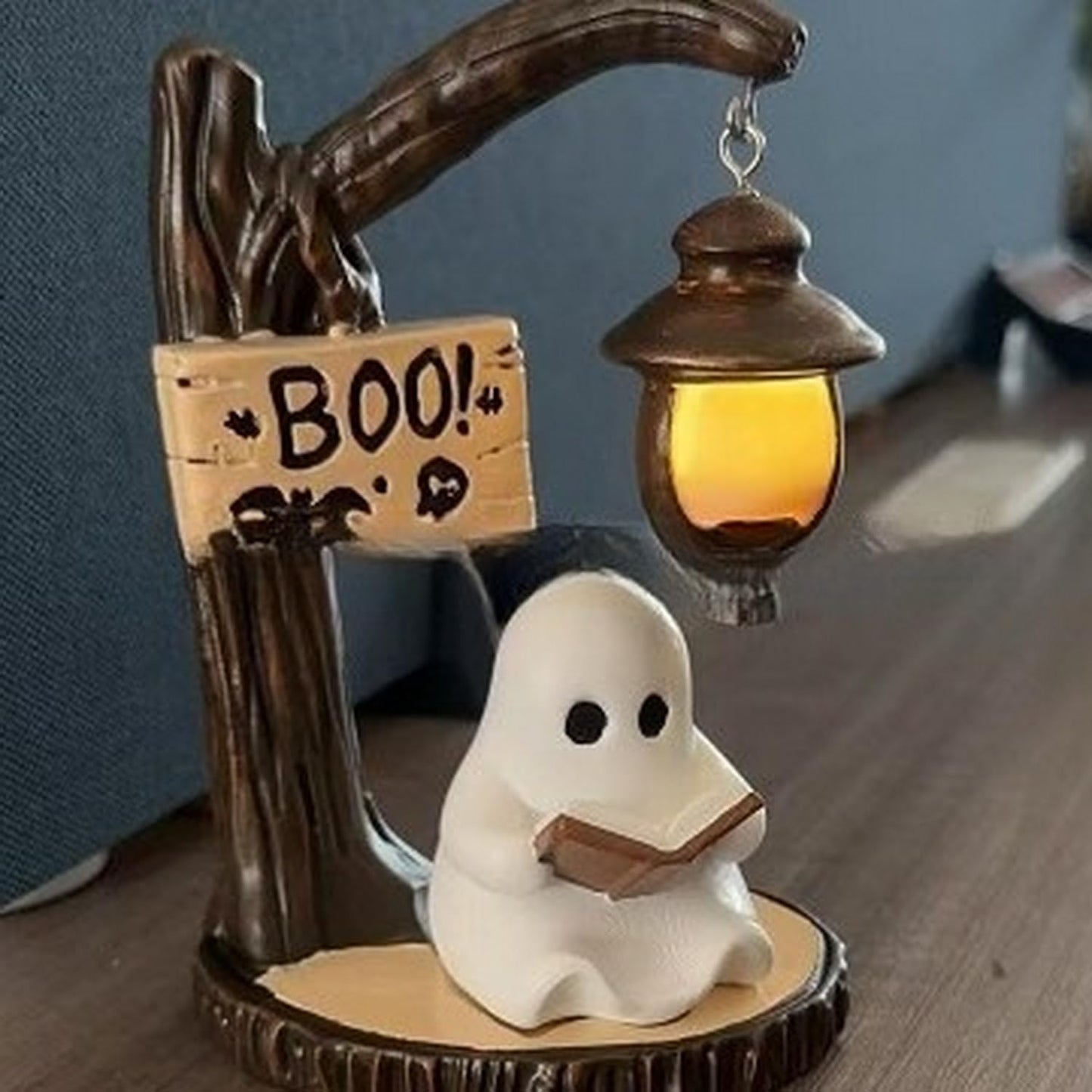BHOOKA Halloween Ghost Figurine Statue Cute Ghost Reading Book Lamp Designs 3D Unique Night Light Gifts Tabletop Ornament Decoration Cartoon Resin Sculpture for Holiday Decor Supplies