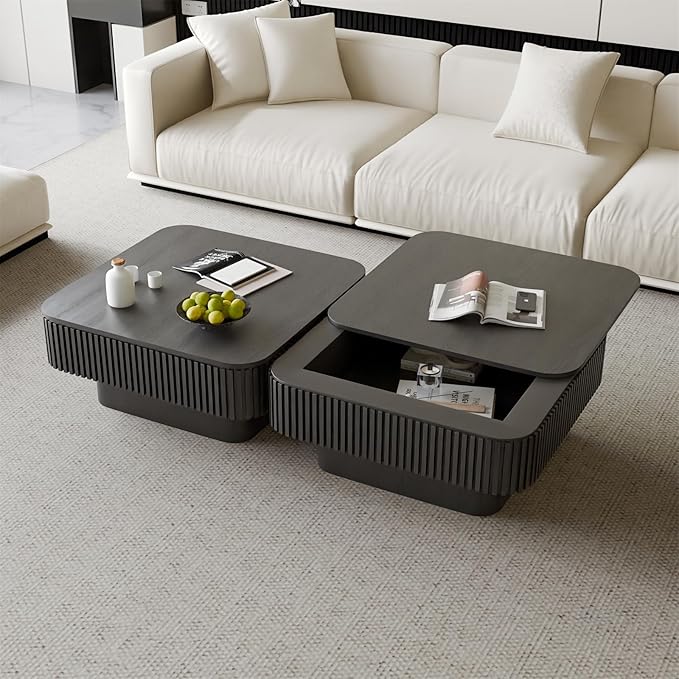Square Coffee Table for Living Room, Fluted Drum Accent Tea Center Table