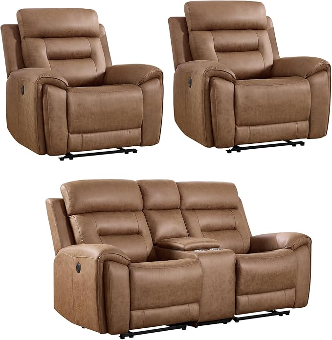 ANJ 3-Piece Faux Leather Power Recliner Sofa Set