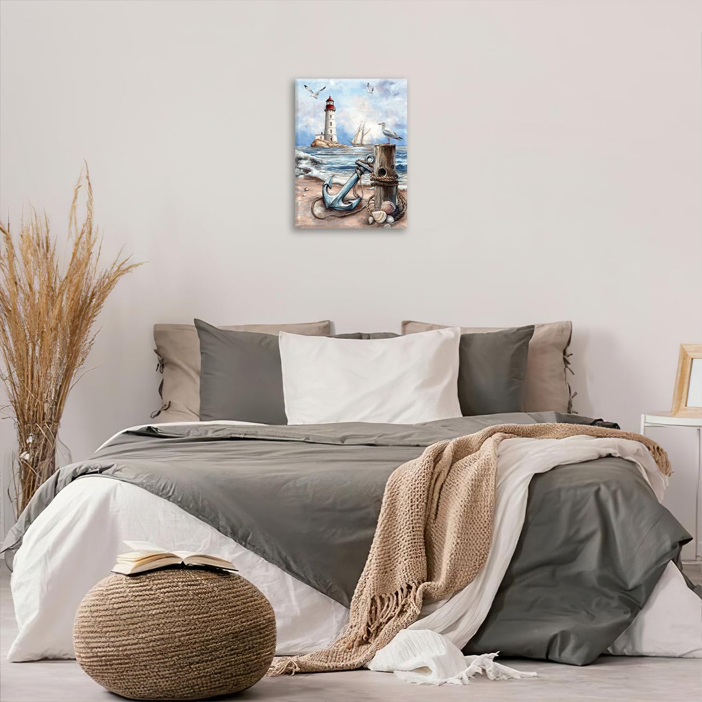 Nautical Wall Art Beach Lighthouse Anchor Pictures Wall Decor Coastal Canvas Prints Framed Paintings Artwork For Bathroom Kitchen Bedroom Dinning Room Living Room Office 12"x16"