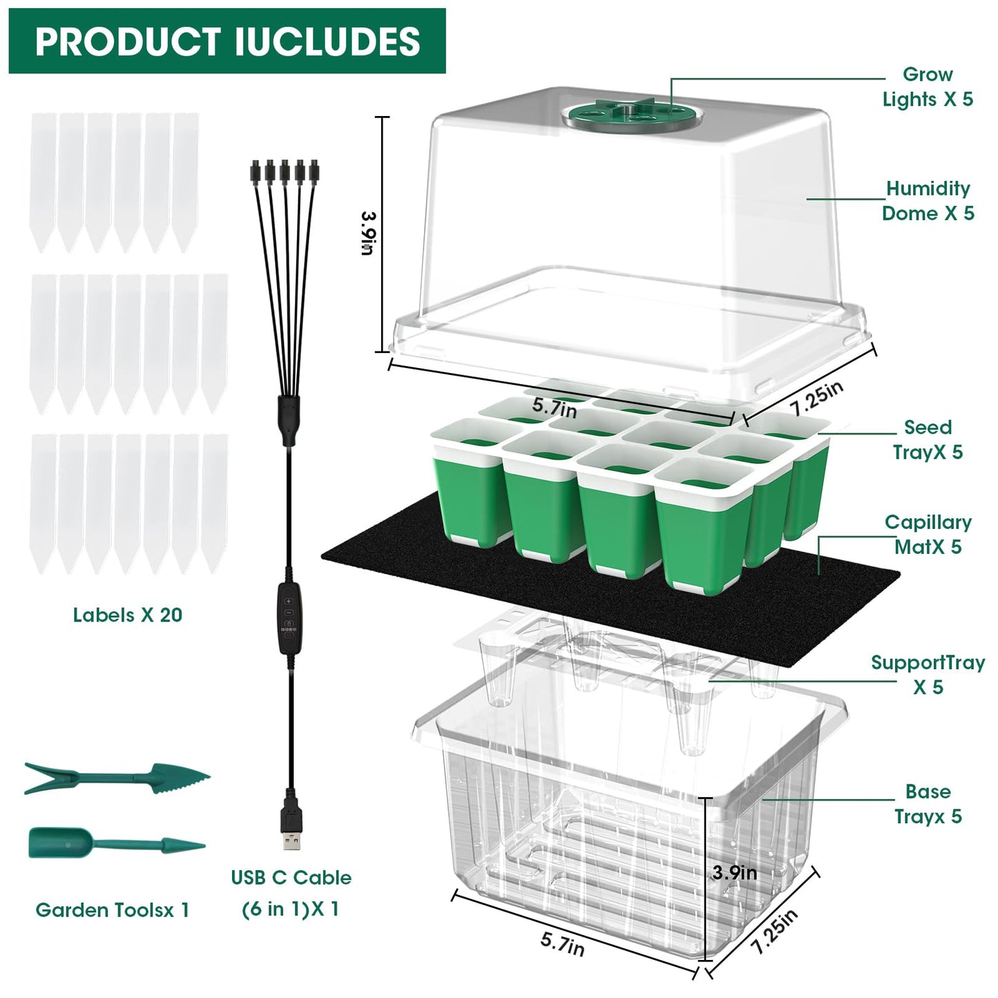 MQHUAYU 60-Cell Self Watering Seed Starter Tray with Grow Light, 5-Pack Reusable Seed Starter Kit with Soft Silicone, Plant Germination Trays with Humidity Dome for Seeding Planting Growing