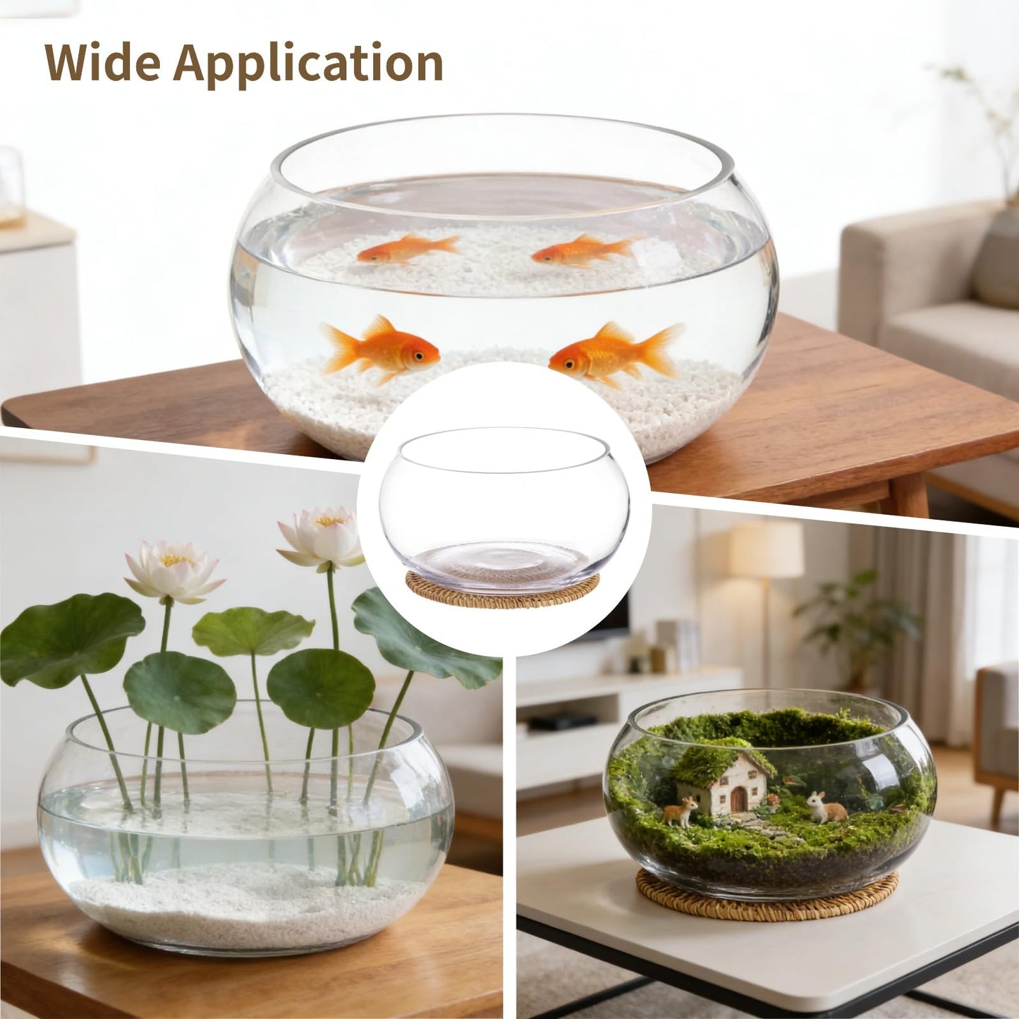 Lotus Bowl Planter with Rattan Mat - 10 in Round Glass Vase Bowl Hydroponic Lotus Planter Pot Propagation Vases Fish Bowl for Water Greens, Transparent Decorative Lotus Pot, Fish Tank