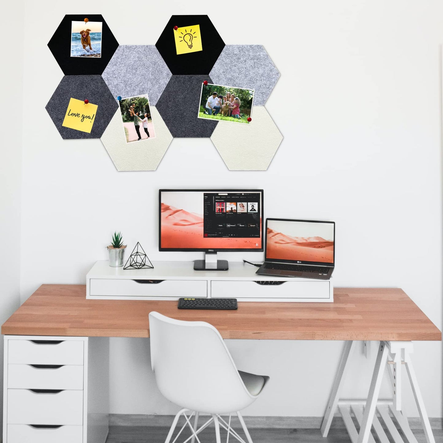 HULAVO 8Pcs Hexagon Felt Cork Board Tiles, Self Adhesive DIY Bulletin Board Pin Board for Office School Home Wall Decor Stickers Memos Photos Display (Gradual Grey)