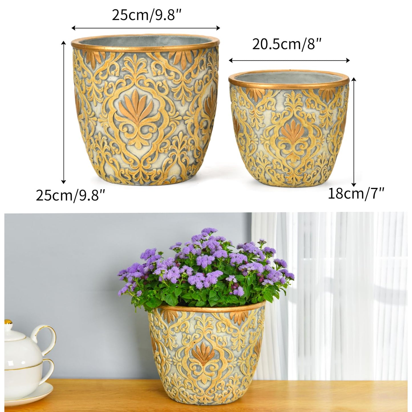 Sungmor Large Heavy Duty Cement Planters, Beautiful Embossed Concrete Garden Pots, 8" & 10" Set of 2 Plant Pots with Drainage Hole, Home Garden Decorative Flower Pots for Indoor Outdoor Plants Floral
