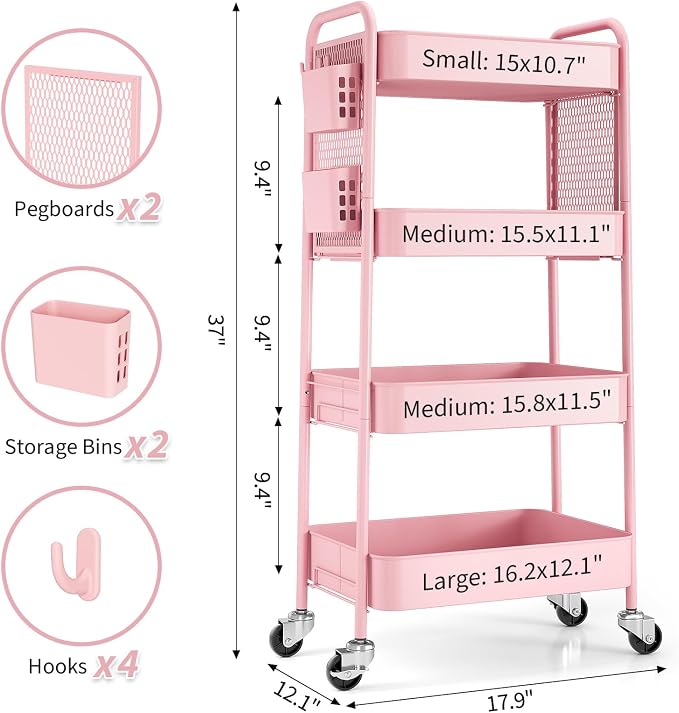 TOOLF 4 Tier Rolling Cart with Pegboard, Metal Storage Organizer Cart with Wheels, Hooks & Bins Esthetician Craft Art Sturdy Storage for Bathroom, Kitchen, Office, Nursery Diaper