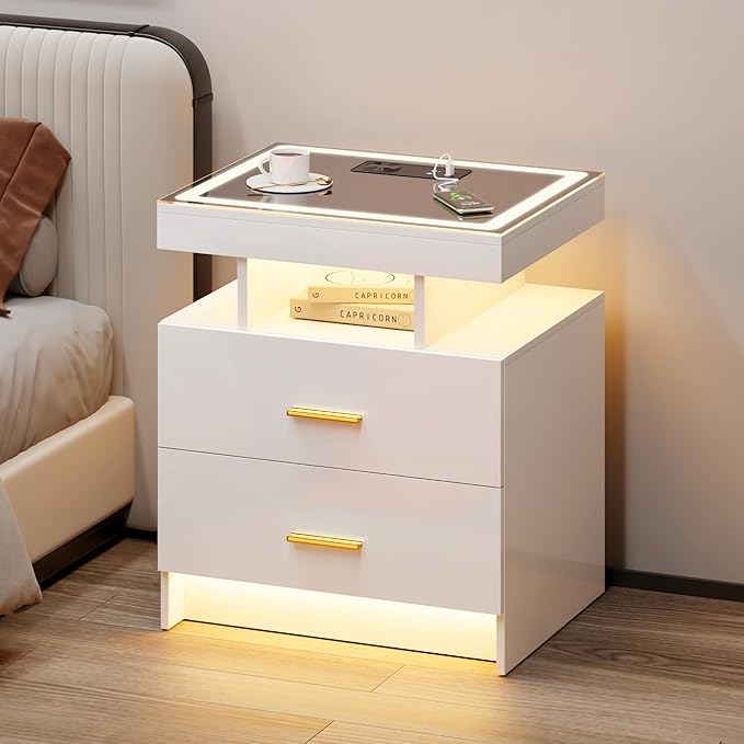 LED Nightstand with Wireless Charging Station, Glass Top Smart Bedside Table