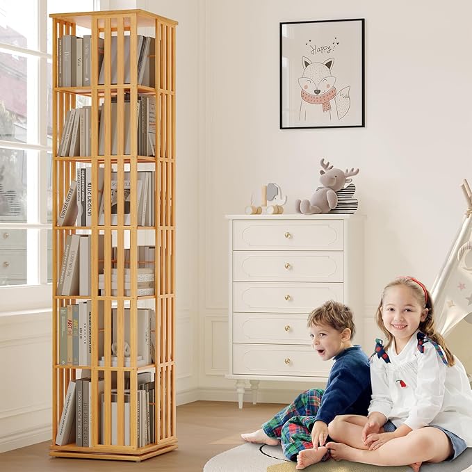 YOWOS Rotating Bookshelf Tower, 360° Display Spinning Bookcase, Bamboo