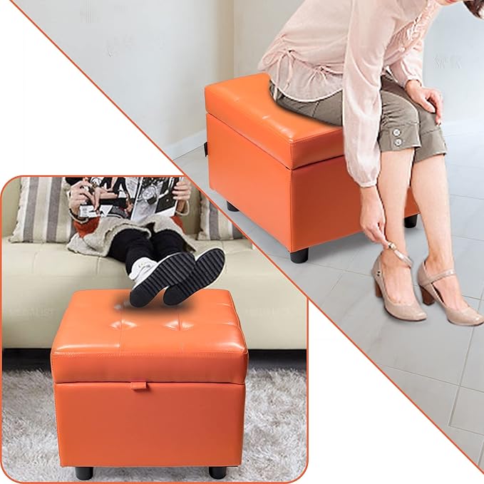 H&B Luxuries Tufted Leather Square Flip Top Storage Ottoman Cube Foot Rest