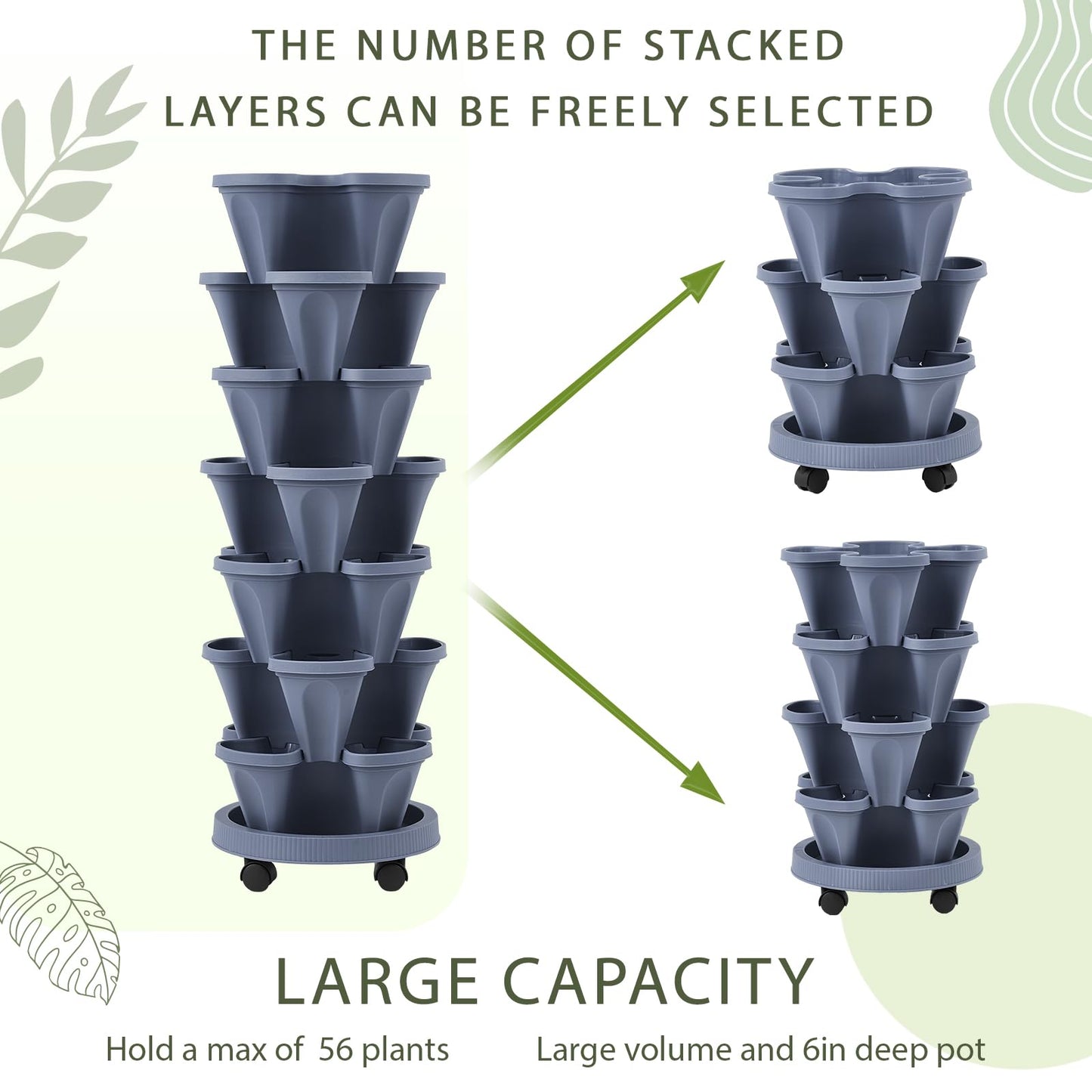 Umigy 2 Set of 7 Tier Vertical Planter Stackable Tower Planters Strawberry Herb Flower and Vegetable Pots Indoor Outdoor Gardening Pots with Removable Wheels and Tools(Dark Gray)