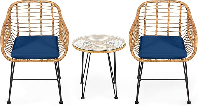 Tangkula 3 Pieces Patio Bistro Set, Rattan Conversation Set
