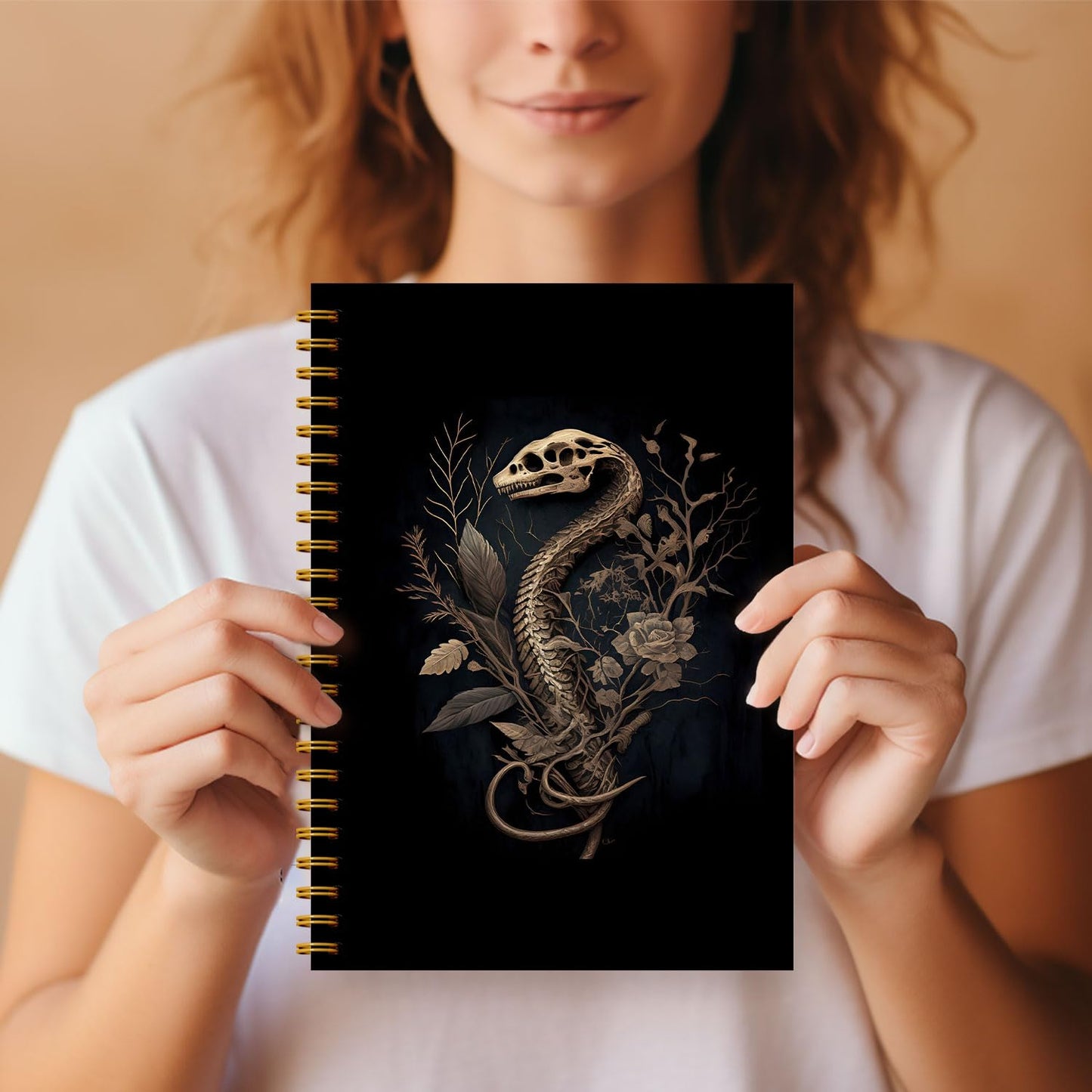 Guymn Snake Skull Spiral Journal Notebook - Goth Golden Snake Head Skeleton Notebook 5.5×8.3, Snake Gifts Spiral Notebook Journal with 164 Pages, Punk Dark Witchy Gifts