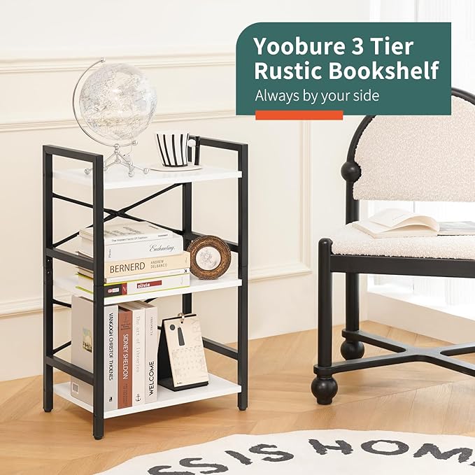 Yoobure Bookshelf Small Book Shelf, Solid Industrial 3 Tier Shelf Bookcase