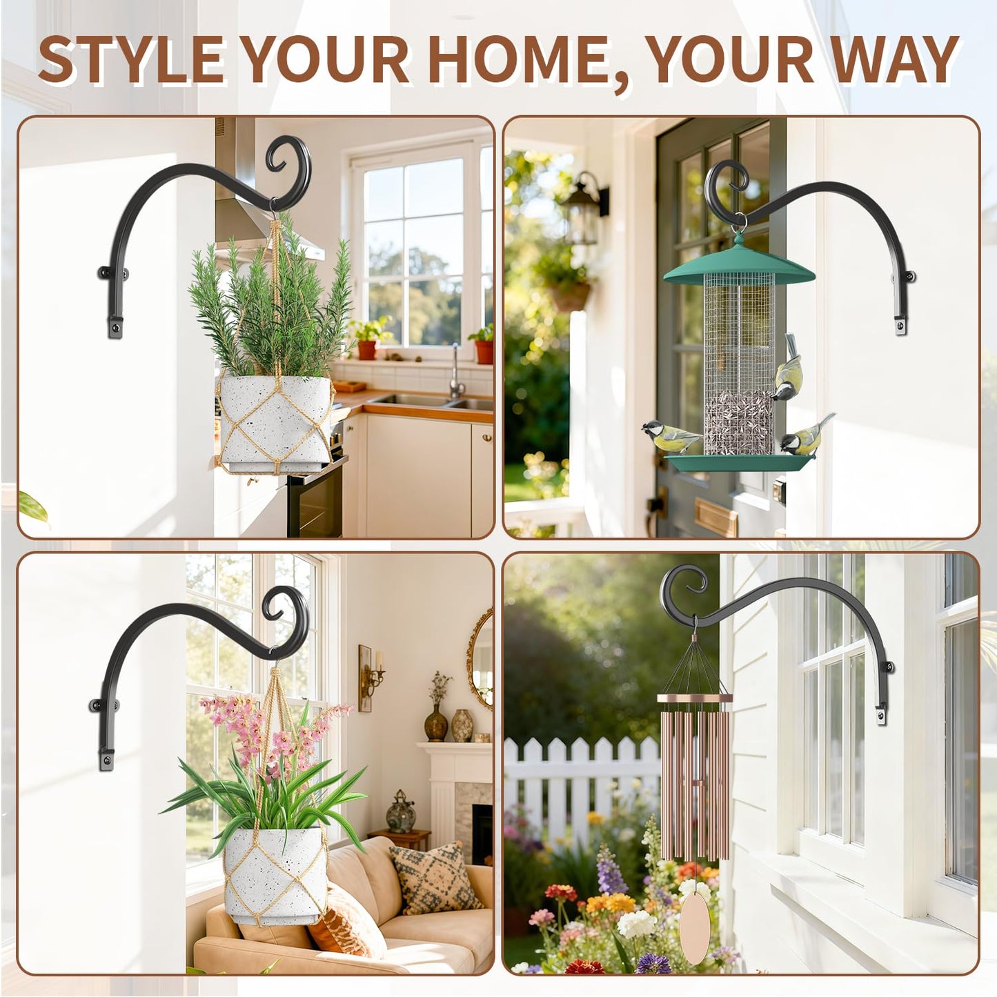 LASZOLA 2 Pack 12 Inch Hanging Plant Brackets, Heavy Duty Iron Wall Hooks for Planter, Bird Feeder, Wind Chime, Lantern, Rust Proof Decorative Hangers for Indoor Outdoor Garden Patio Fence, Black