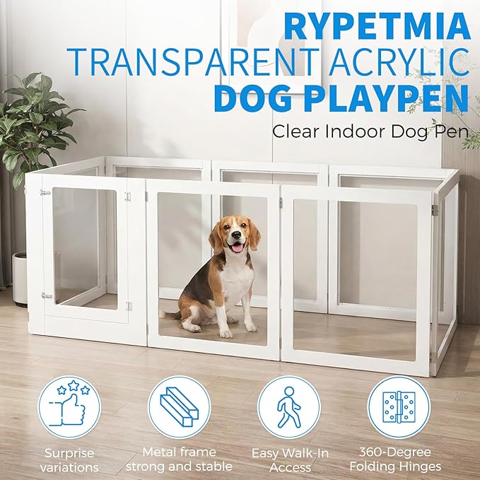 Heavy Duty Clear Acrylic Dog Playpen for Small/Medium Pets ā 32" High Clear Pet Pen with Sturdy Metal Frame (White, 2 Extended Panels)