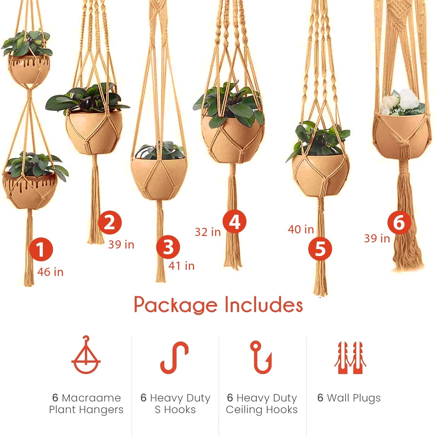 feedee Macrame Plant Hangers - 6 Pack, Brown, Indoor/Outdoor, 11.9 lbs Capacity, Ready to Hang