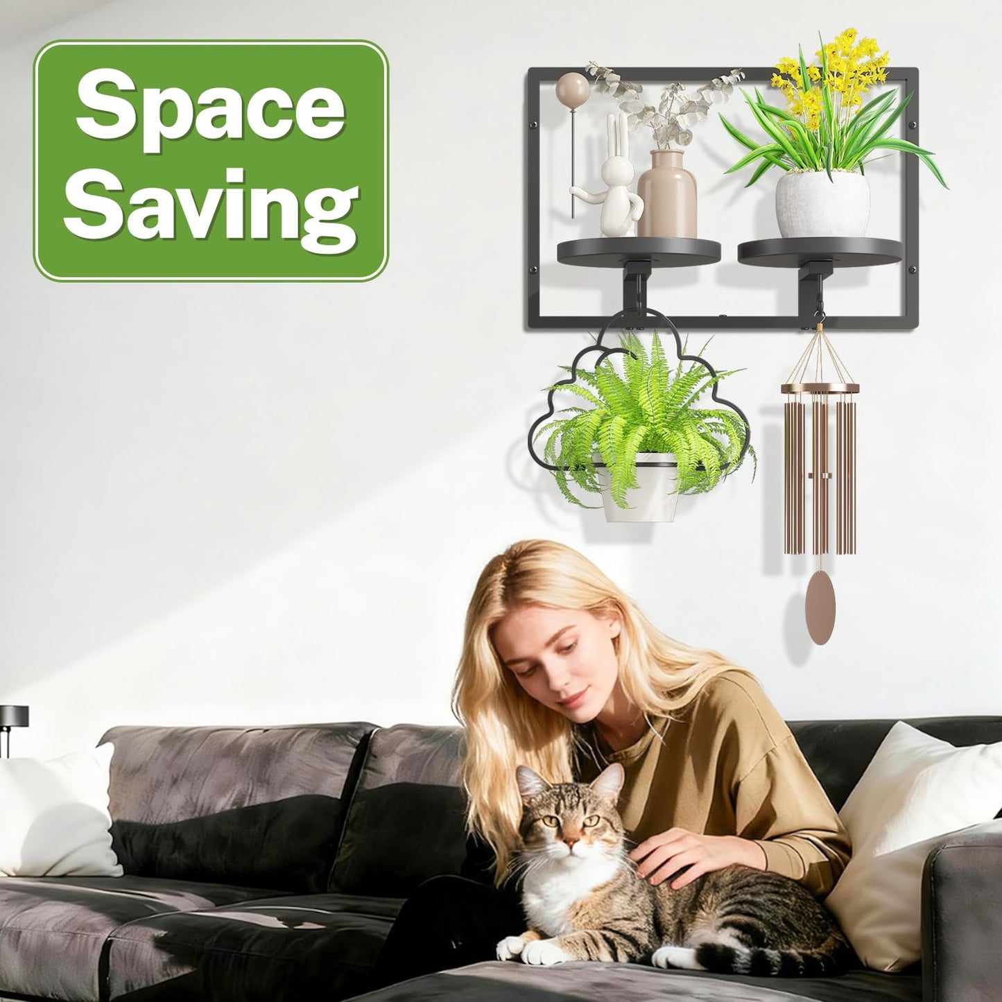 iDavosic.ly Wall Plant Picture Frame Holder with 2 Trays for Indoor, Metal Stand with Hanging Hooks, Floating Flower Display Decor, Space Saving & Easy to Assemble (Pots/Chains/Plants Not Included)