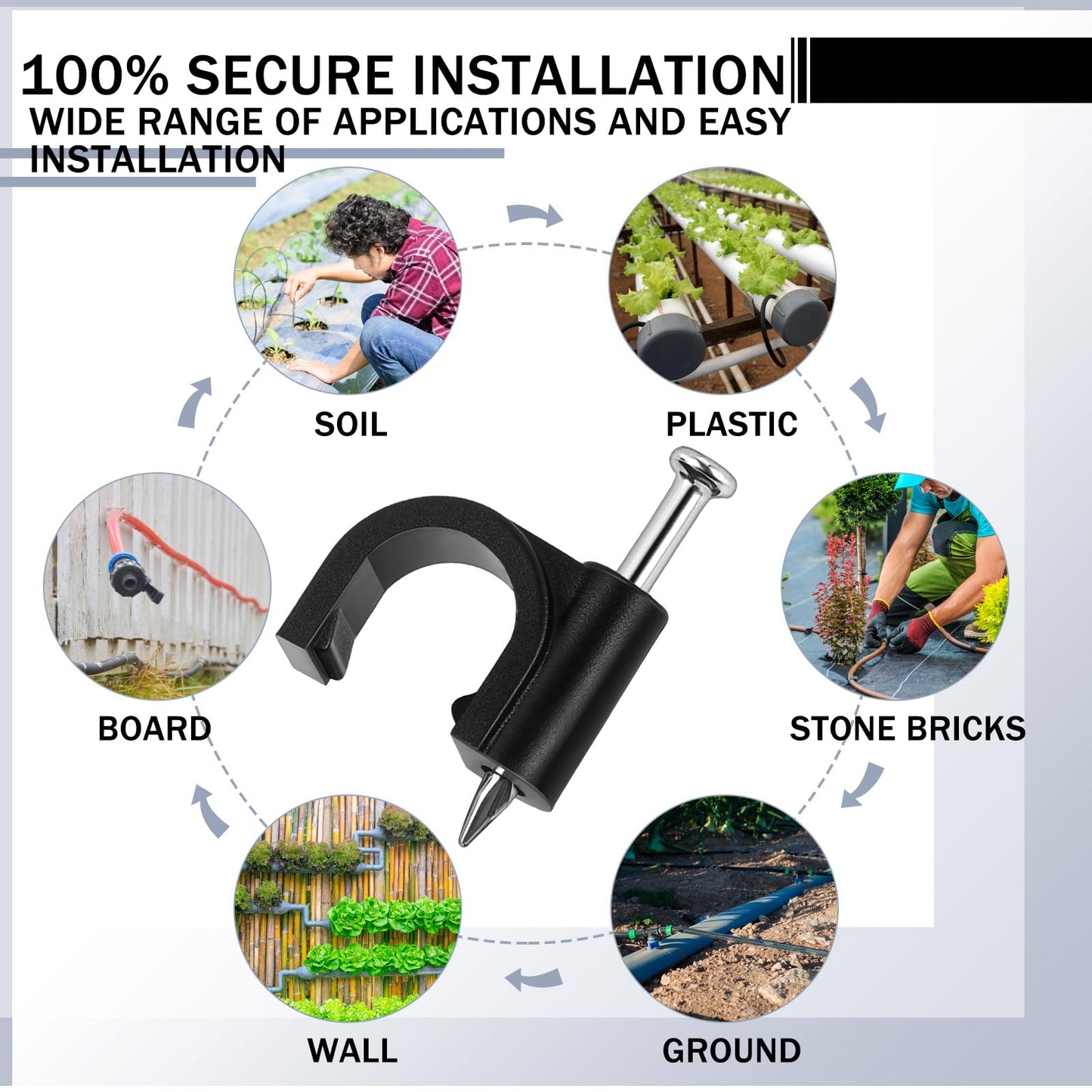 Leriton 100 Pcs Drip Irrigation 1/2" and 5/8" Tubing Mounting Clips, Firm and Easy to Install, Drip Irrigation Kit Connector, Black
