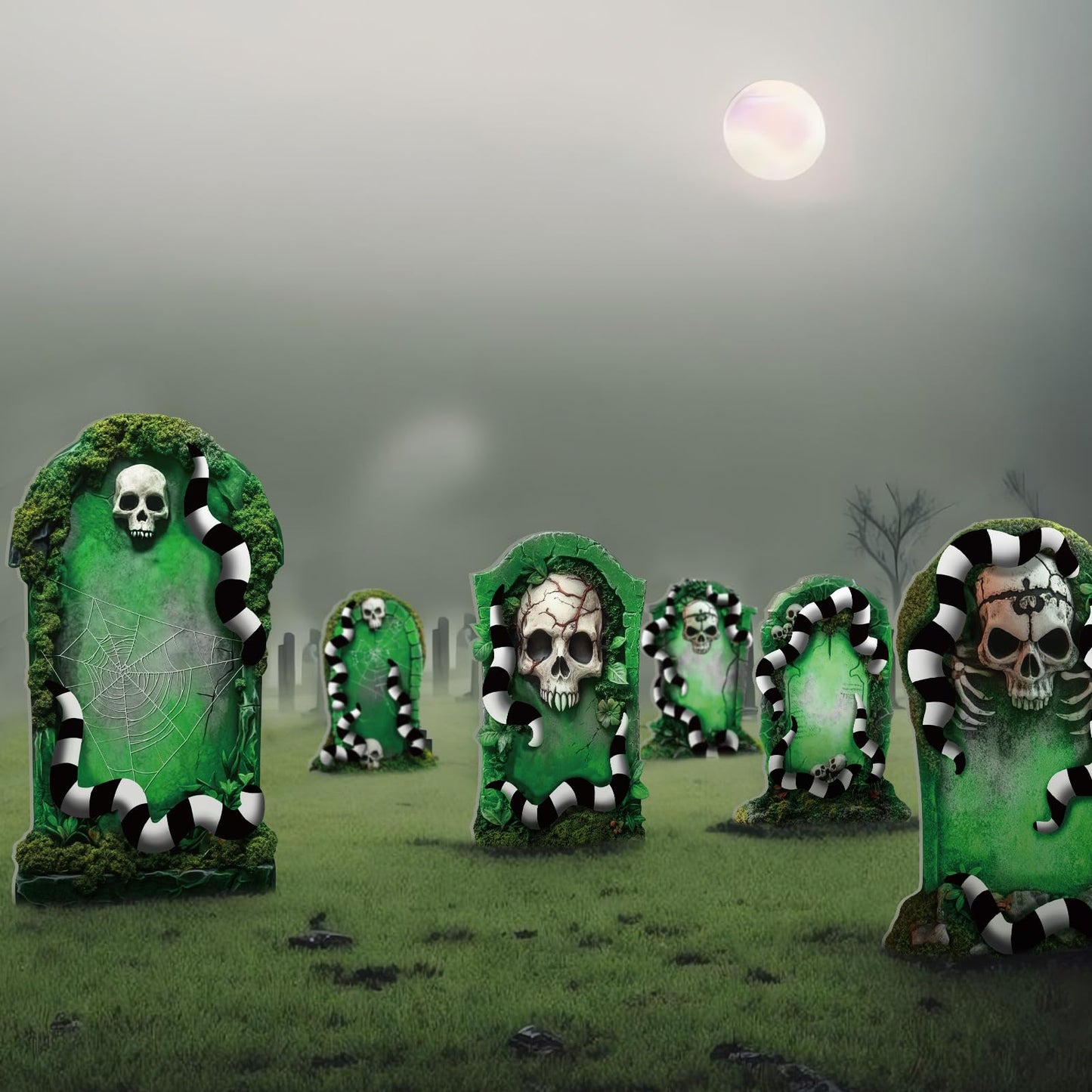DoubleFill 6 Pcs Halloween Tombstone Worm Yard Sign Halloween Decorations Outdoor Green and Black White Worm Gravestone with Stakes Waterproof Graveyard Lawn Yard Sign for Haunted Garden Decor