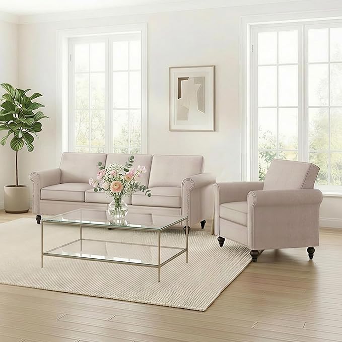 2 Piece Living Room Sofa Sets, Modern 3 Seater Sofa and Armchair Sets, Linen