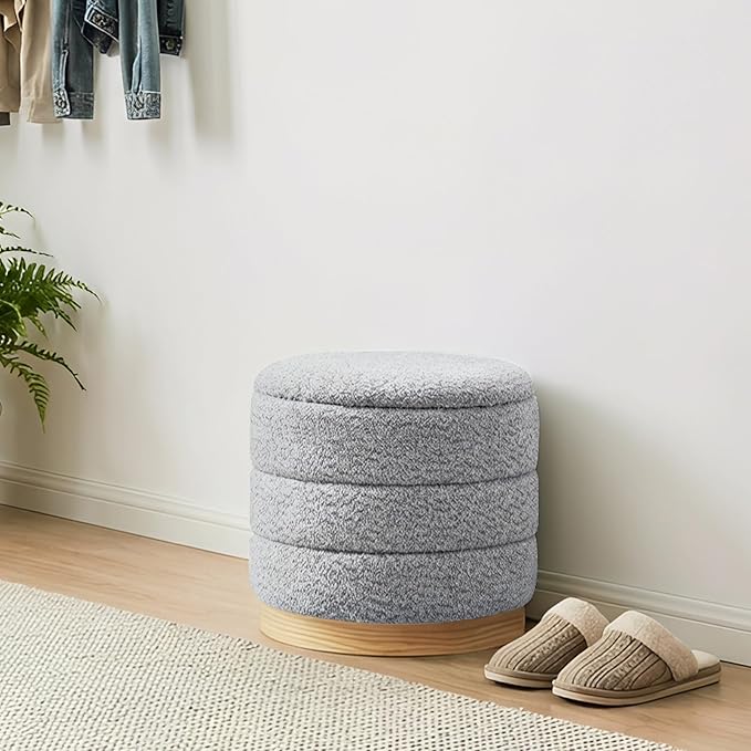 Round Storage Ottoman with Reversible Tray Lid, Folding Chenille Fabric