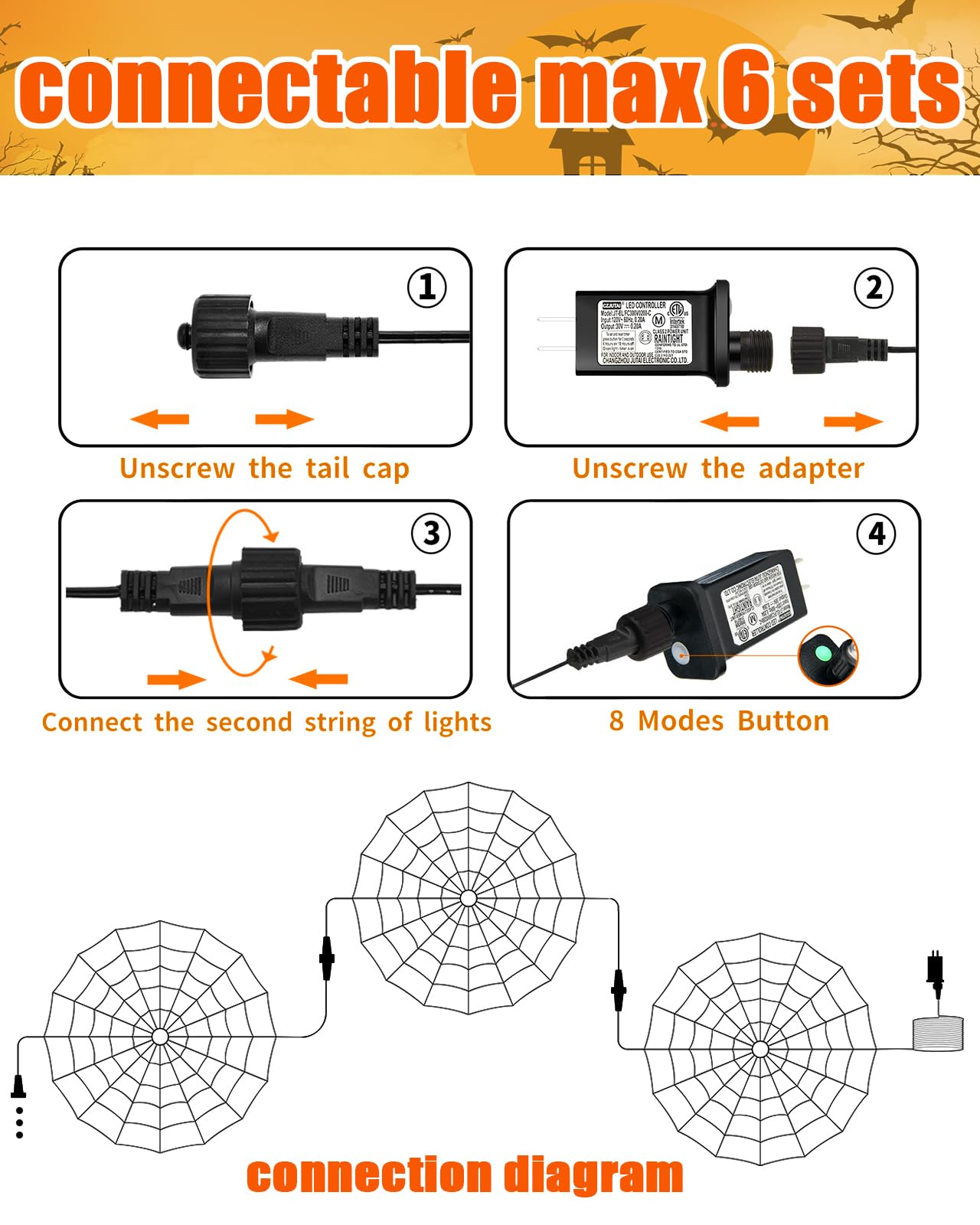 Halloween Decorations Spider Web Lights String Lights for Home, 4.9FT 96LED Waterproof Plugin Net Lights with 8 Modes & Timer, Light Up for Party Indoor Outdoor Garden Yard Haunted House(Orange)