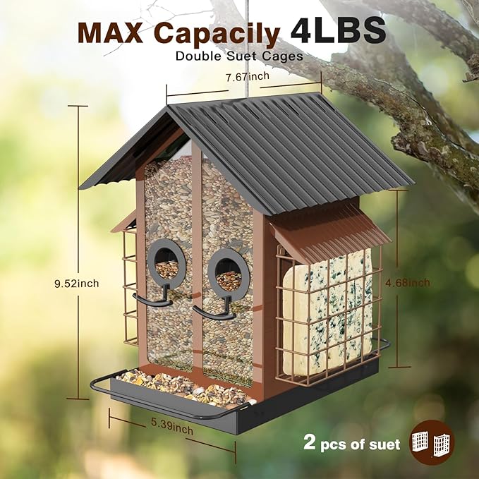 FlowaFoli Bird Feeders for Outdoors, Metal Bird Feeder with Double Suet Cage Weatherproof Metal Roof, 2 in 1 Mixed Seeds Suet Feeder, 4Lbs Large Capacity, Great for FinchćCardinalćChickadeeļ¼Brownļ¼