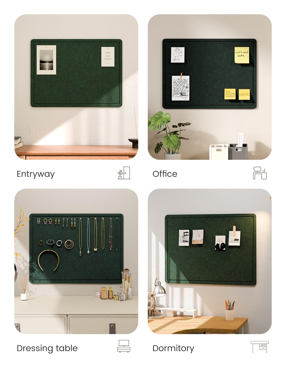 Fluxynara Bulletin Board, 23.6" x 17.5" Cork Board Alternative with 12 Safe Removable Adhesive Tabs, Foldable Felt Pin Board for Home Office, Classroom, Bedroom,Entryway for Walls—Pine Green