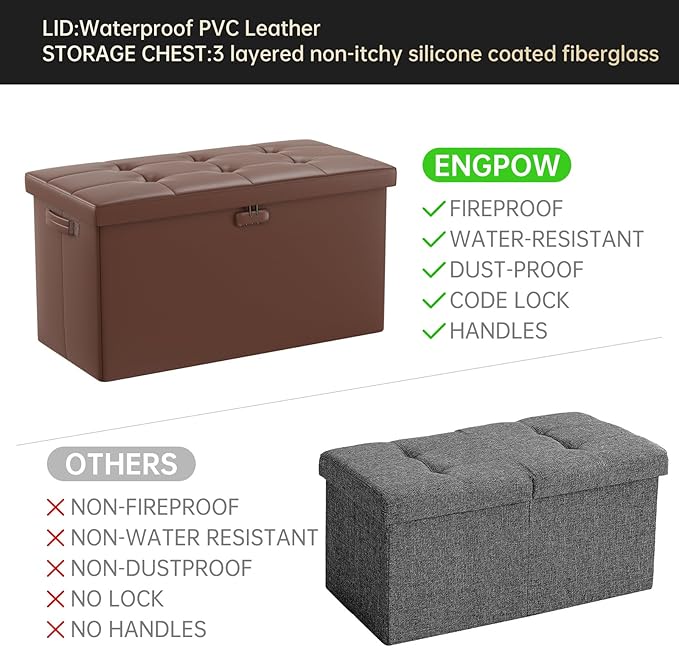 ENGPOW Storage Ottoman Bench, Fireproof Folding Bench