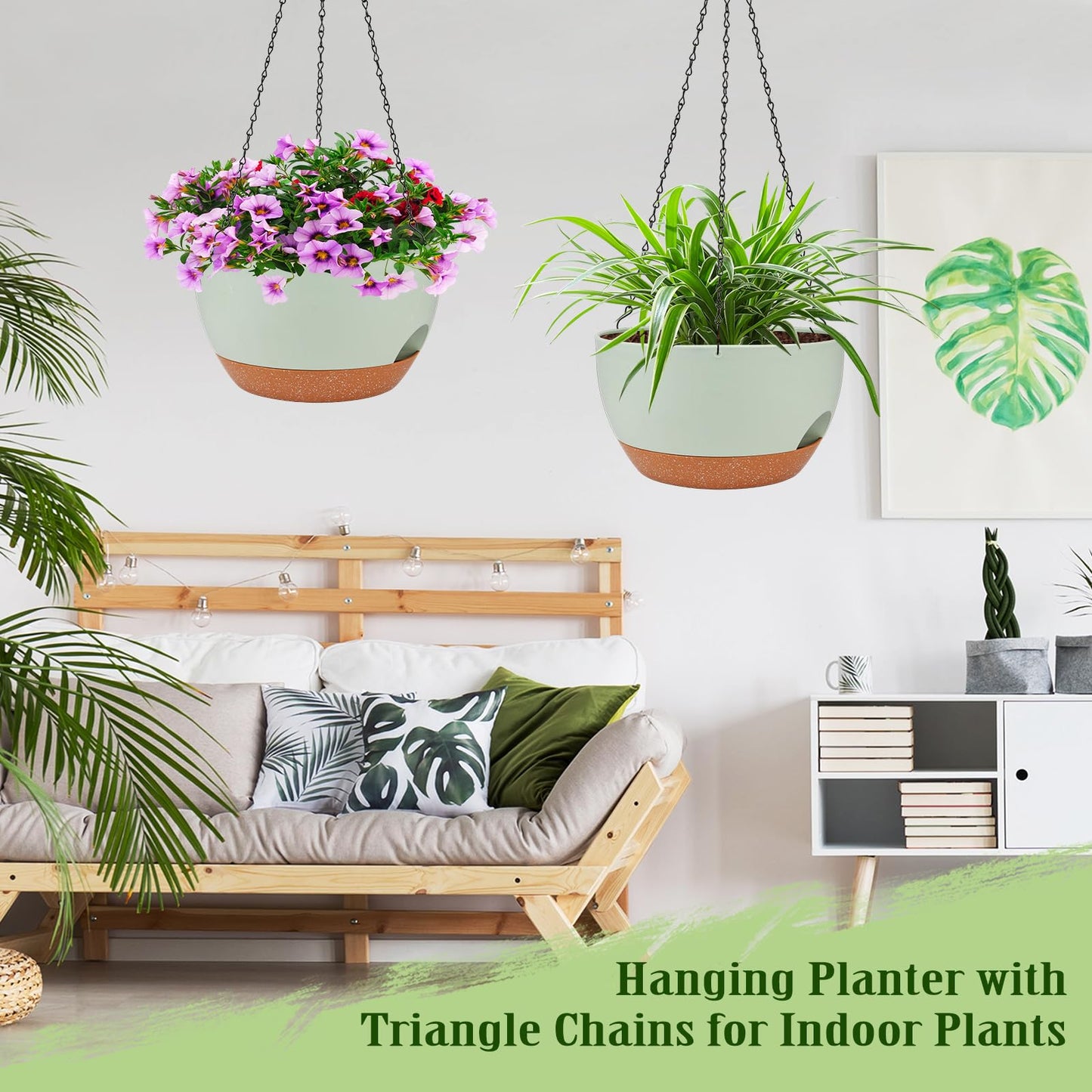 Lucieblessdesign Hanging Planters for Outdoor Indoor Plants, 2 Pack 12 Inch Hanging Basket Plants Outdoor, Self Watering Hanging Planter with Plant Hanger for Garden Home Decoration (Green)