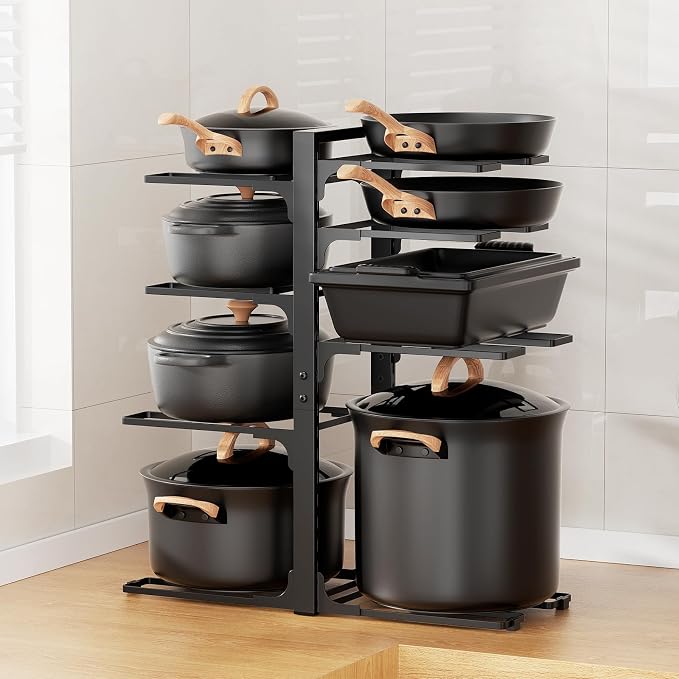 LAMU Pots and Pans Organizer under Cabinet 20.8" Height, 8 Tier Heavy Duty Pan Organizers inside Cabinet with Adjustable Pot Rack, Holds up to 120 LB for Stockpots Dutch Ovens and Cast Iron Cookware