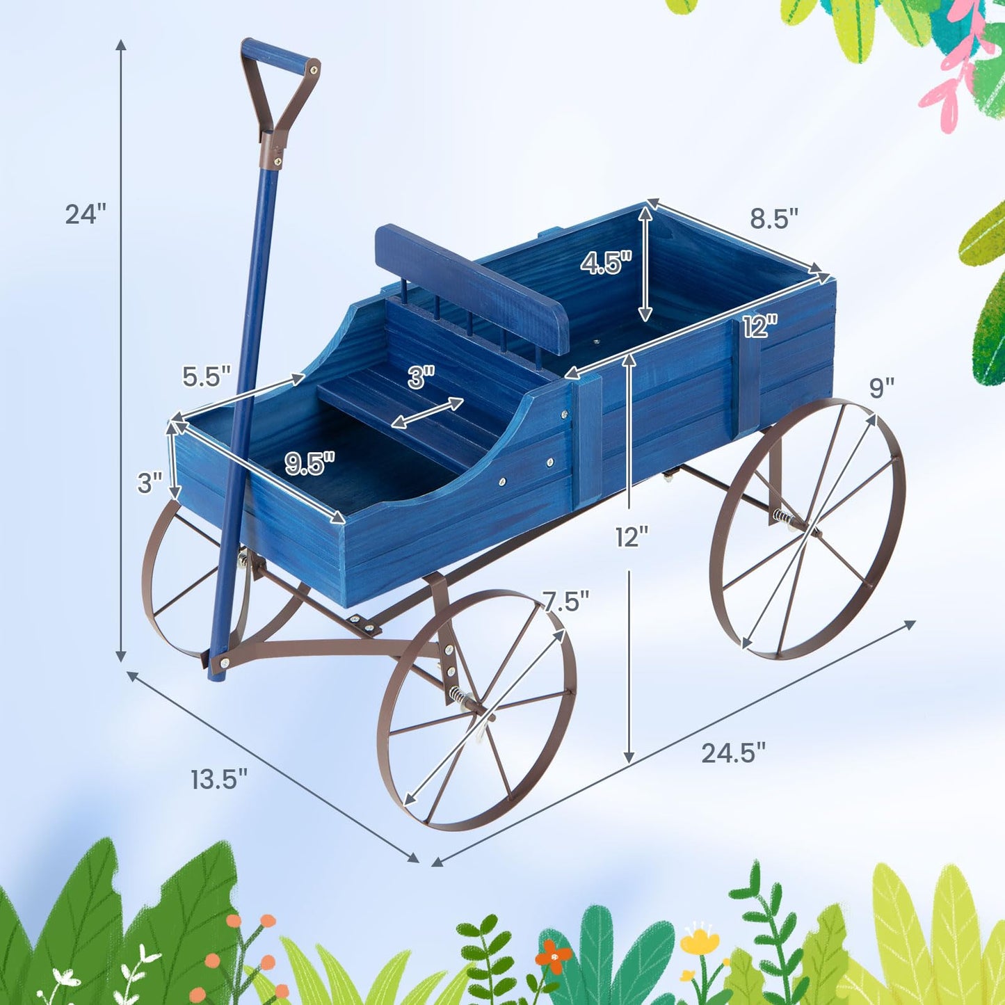 HAPPYGRILL Wooden Wagon Planter, 24.5” x 13.5” x 24” Decorative Garden Planter w/ 2 Planting Sections, Wheels, Handle, Small Decorated Cart, Flower Planter Box for Indoor Outdoor Festival Patio (Blue)