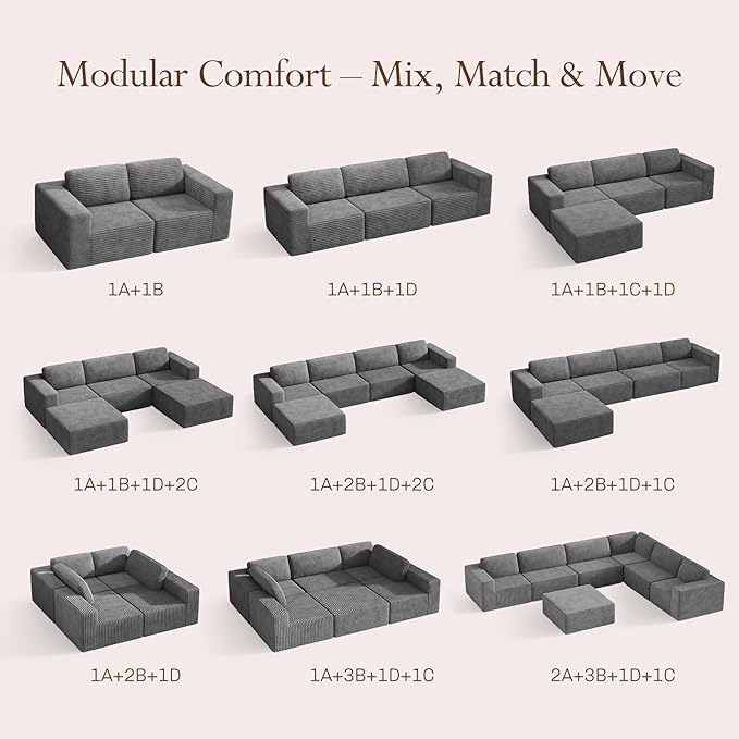 Vesgantti 119" L-Shaped Modular Sectional Sofa, Corduroy Cloud Couch