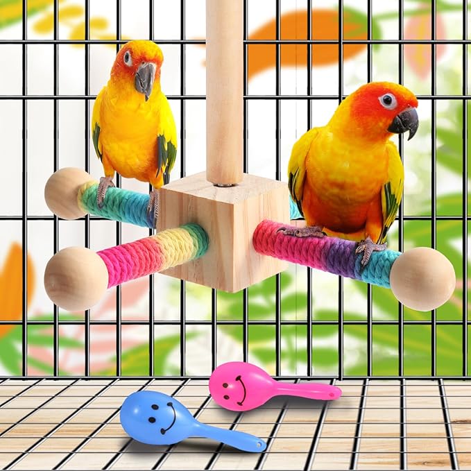 Kyouki Bird Perch Toy Parakeets Toy for Small & Medium Parrots - 360° Spinning Stand for Conures, Cockatiels, Lovebirds,Quakers | Colorful Sisal Rope Spinning Toy (Colorful, Medium Size)