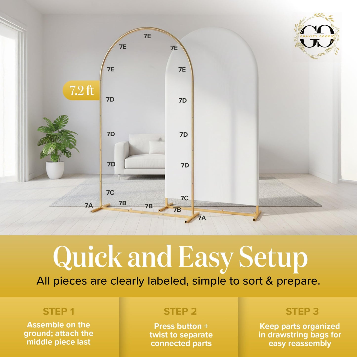 7.2FT Gold Wedding Backdrop Arch Stand with White Spandex Cover – Metal Frame, Water Weights & Storage Bag – Party, Birthday, Baby Shower, Bridal Shower, Wedding Ceremony, Photo Booth Decor
