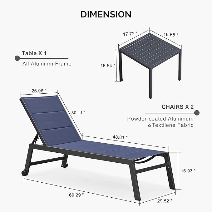 PURPLE LEAF Extra Large Outdoor Chaise Lounge 2 Pieces Aluminum Patio Lounge