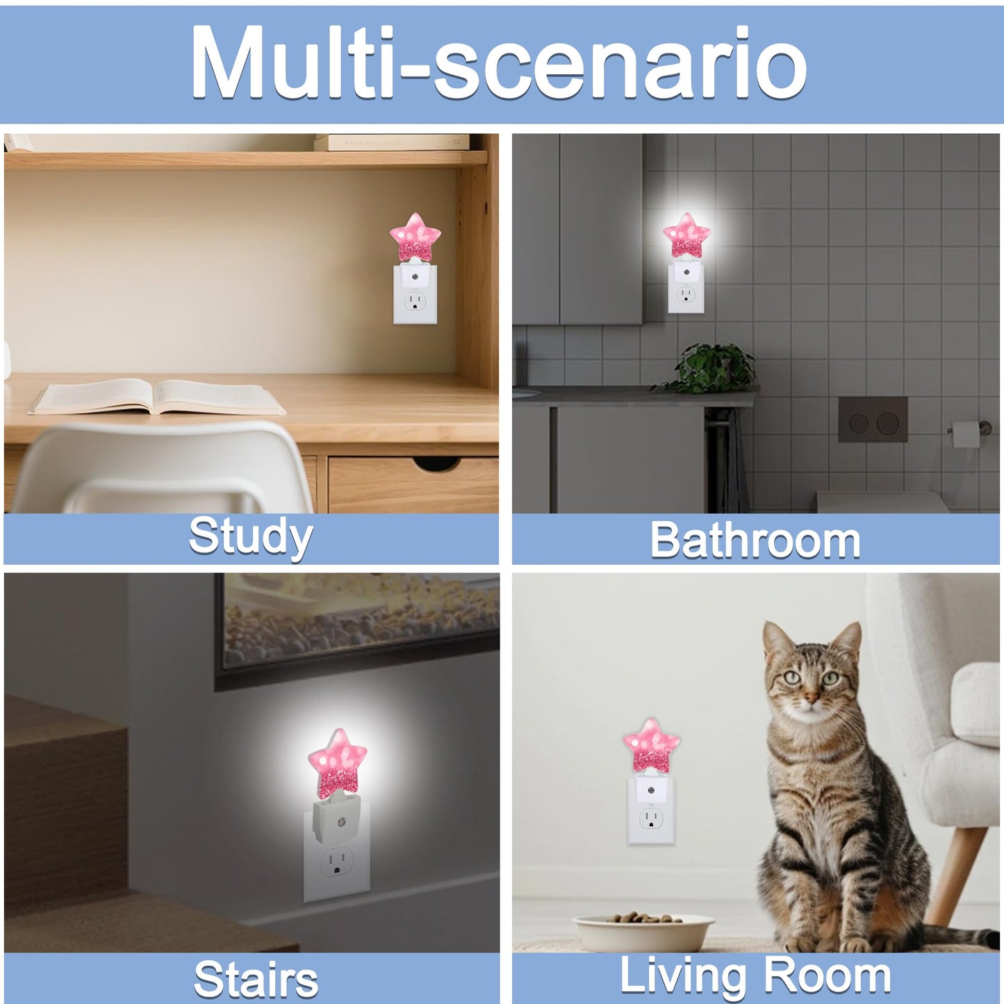 Pink Red Glittering Dusk to Dawn Star Night Light,Abstract Christmas Smart Sensor Nightlight for Bedroom Kitchen Hallway Stairs,Plug-in Energy Efficient Decor Desk Lamp Women Men Gifts