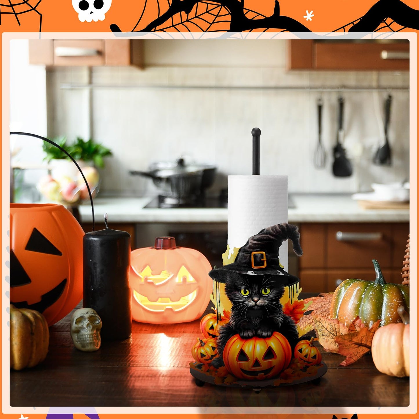 MorningRo Halloween Black Cat Paper Towel Holder Metal Halloween Kitchen Decor Accessories Farmhouse Pumpkin Paper Towel Stand for Countertops Bathroom Cat Pumpkin Gifts