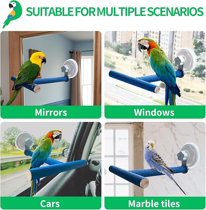 FlidRunest Movable Bird Perch Stand with Suction Cup for Window/Mirror/Car/Shower, Quartz Sands Wood Bird Training Perch Stand for Parrot Parakeet Cockatiel Conure Budgie Lovebird