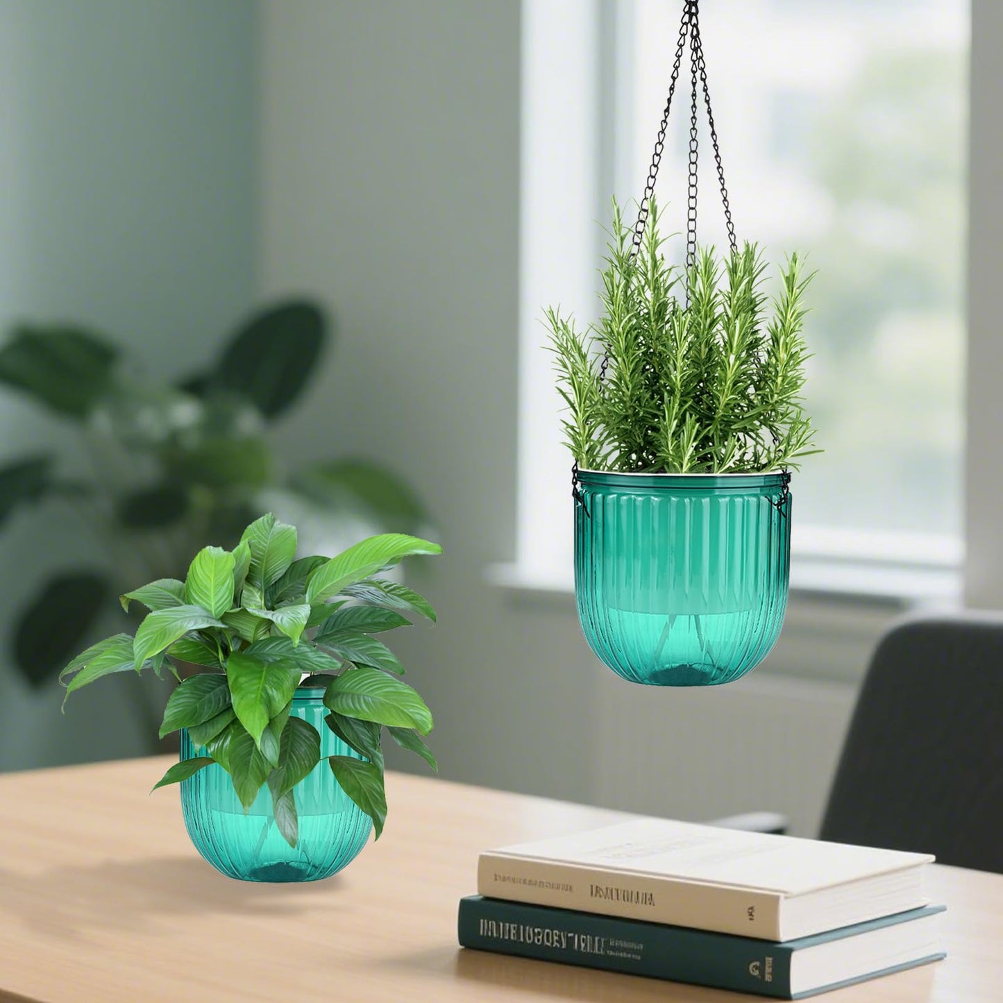JxyHauteresce 4 Pack Self Watering Hanging Planters with Drainage Holes –Hanging planters for Indoor Plants, Flowers, Succulents – Lightweight, Durable Hanging Baskets Green