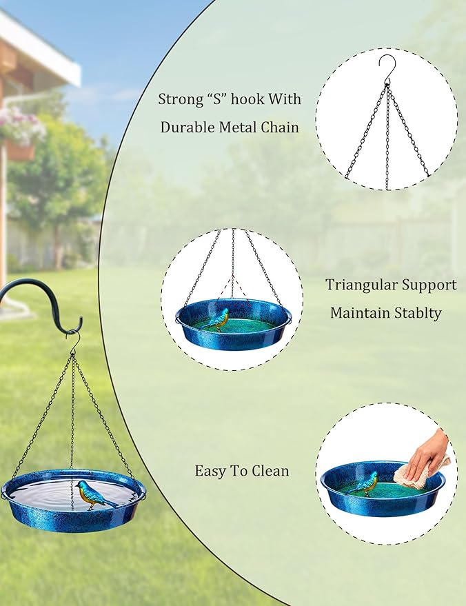 Hanging Bird Bath for Outdoor, Blue & Green Metal Birdbath Bird Feeder Garden Decor Yard Art (11.5" Dia)