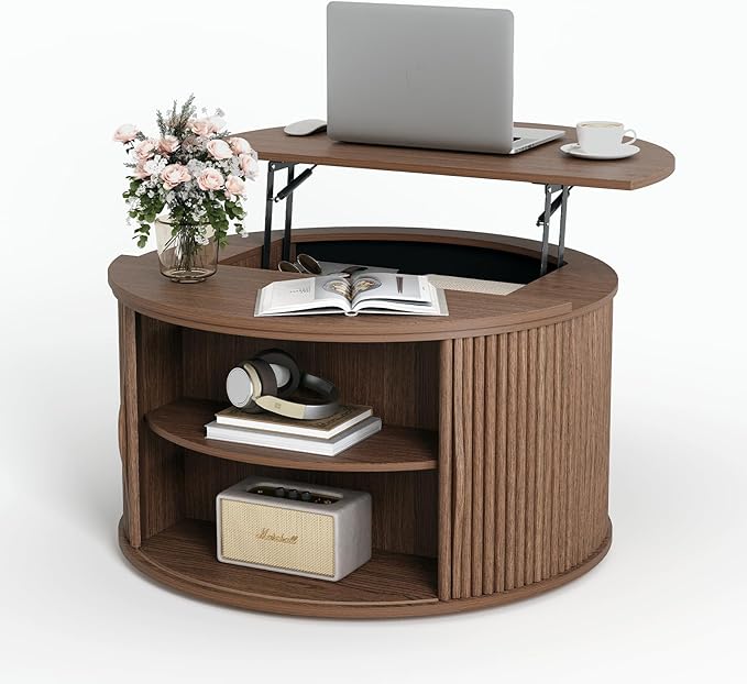 JOINICE 31.5" Round Lift Top Coffee Table, Mid Century Modern Walnut Center
