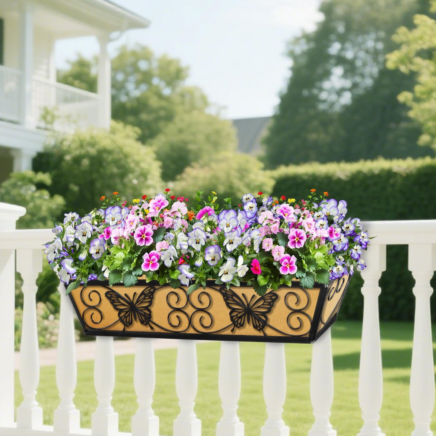 Karlliu 2 Pack 24 Inch Window Boxes Planters Railing Planter Box with Adjustable Brackets for Porch Fence Patio Balcony Hanging Flower Baskets with Woven Fabric for Outdoor Garden Decor - Black