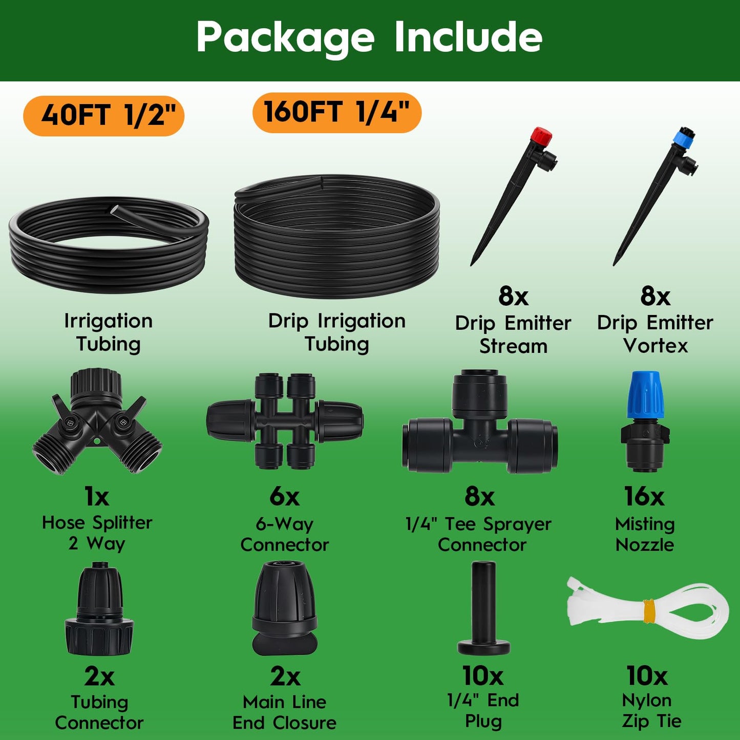 200FT Quick-Connect Drip Irrigation System, Automatic Irrigation Kit with 2/5" & 1/4" Tubing and Adjustable Drip Emitters, Garden Watering System for Lawn, Flower Bed, Greenhouse
