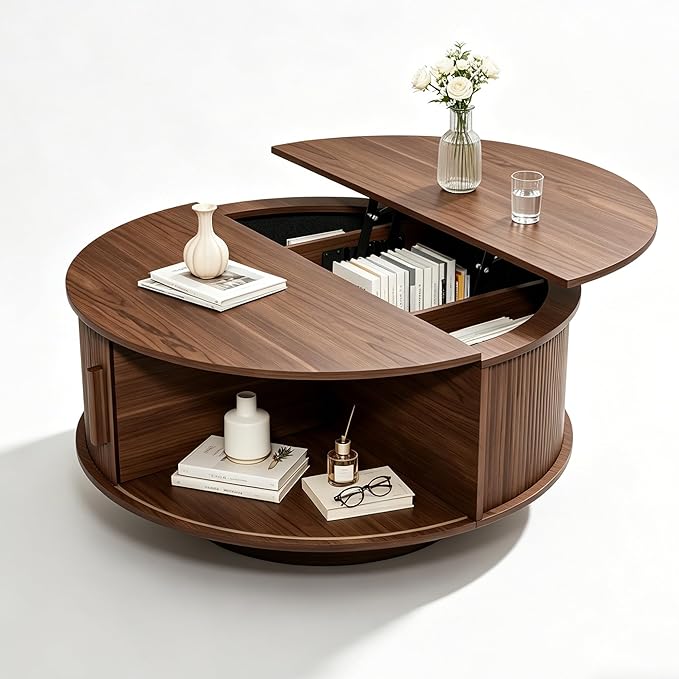 Round Lift Top Coffee Table, Mid Century Modern Fluted Circle Coffee Table