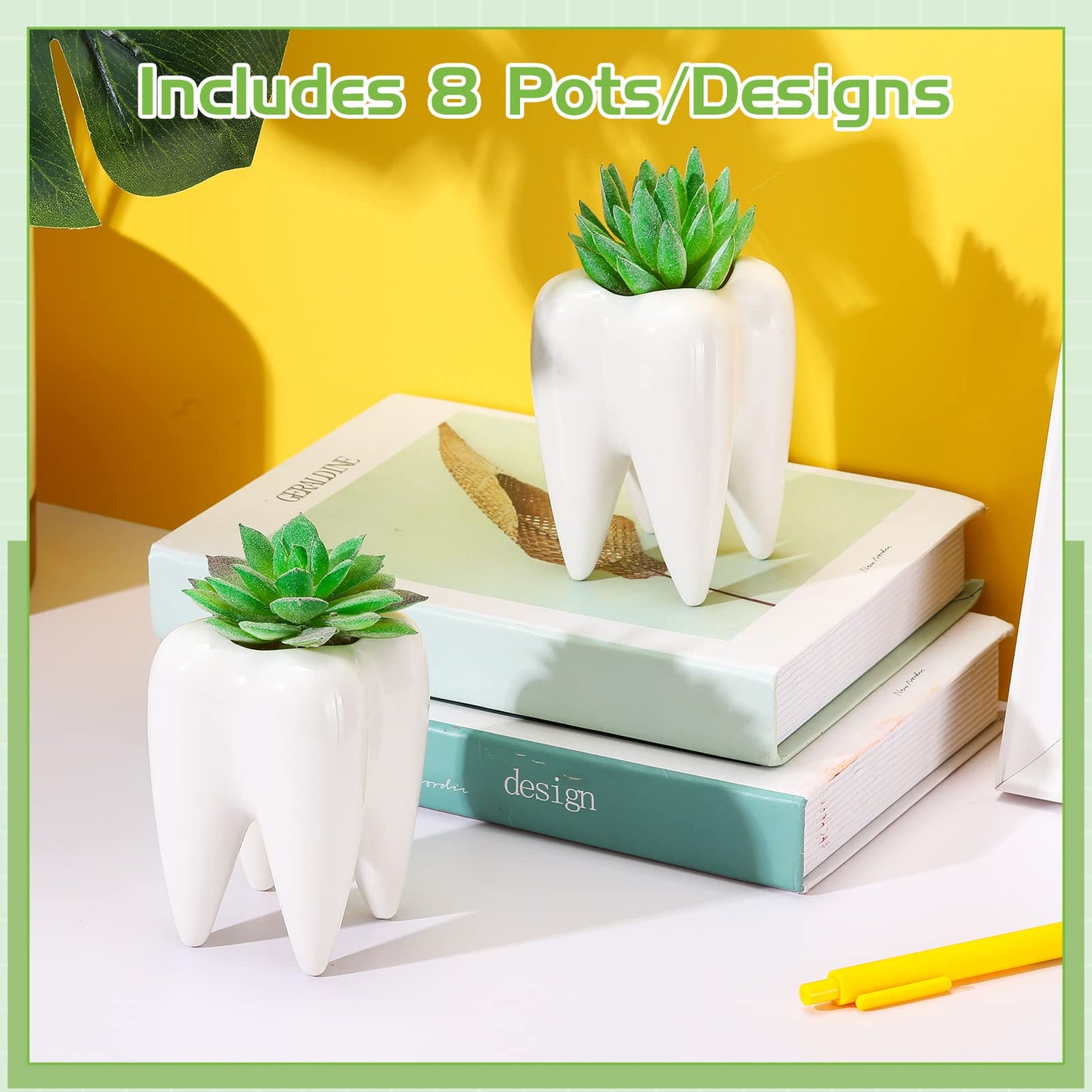 Tooth Shaped Flower Pot Dental Pots Ceramic Modern Style Teeth Pots White Cactus Bonsai Planter Container Small Cute Succulent Plant Pot for Dentists Gift Home Office Decoration, 3.9 Inch (14 Pcs)