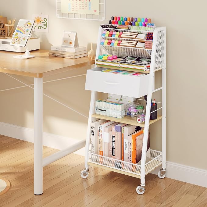 Homsorout 3 Tier Rolling Cart - Metal Utility Cart with Storage Drawer and Wheels, Versatile Art & Craft Organizer for Home, Office, or Studio - Ideal for Storing Brushes, Paints, and Supplies(Maple)