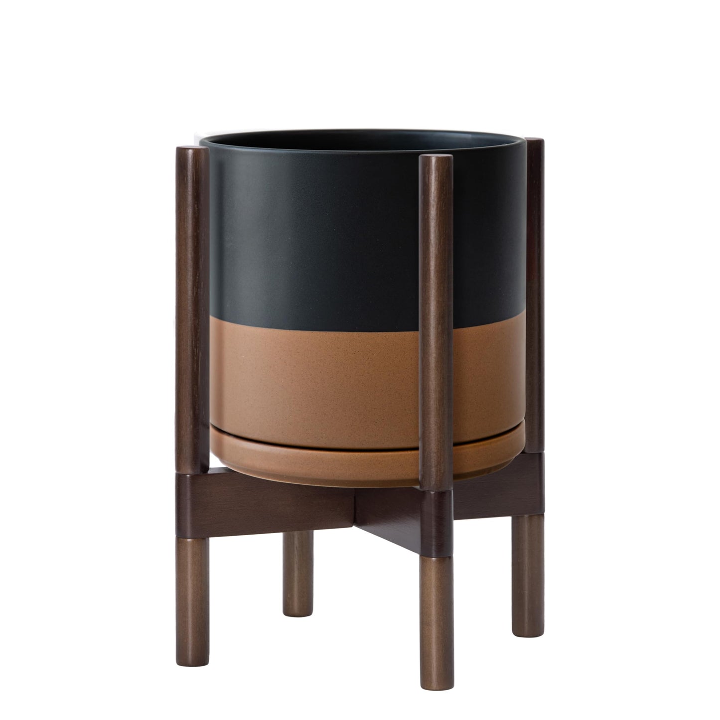 D'vine Dev Ceramic Planter with Walnut Color Stand - 10 Inch Modern Round Flower Pot with Wood Planter Holder, Black/Speckled Tan, 55-B-X-7
