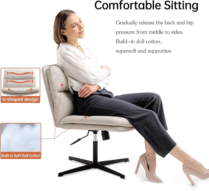 EMIAH Armless Office Desk Chair No Wheels PU-Padded Vanity Mid-Back Ergonomic